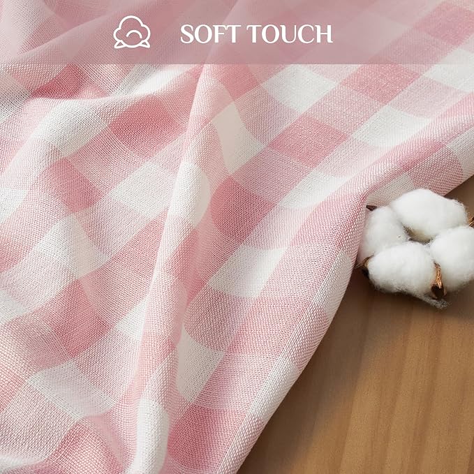 Softalker Pink Gingham Tablecloth Rectangle, Outdoor Linen Cotton Checkered Table Cloth with Tassel, Heavy Duty Wrinkle Free Buffalo Plaid Table Cover for Kitchen Dining Home Party - 55 x 102 Inch