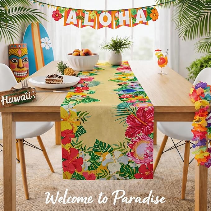 Luau Party Decorations - Hibiscus Palm Leaf Table Runner | Hawaiian Theme Party Decorations for Summer Beach Pool Birthday - Tropical Decor Party Favors Supplies for Home Kitchen Dining