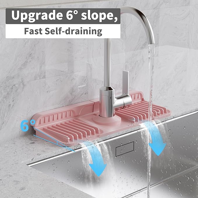 WAFT YEARN 14X5 Inch Silicone Durable Faucet Mat Kitchen Sink Splash Guard Draining Protector Tray Liner Absorbent Protective Counter Accessories For Sink Kitchen Bathroom Laundry Room Bar & RV Pink