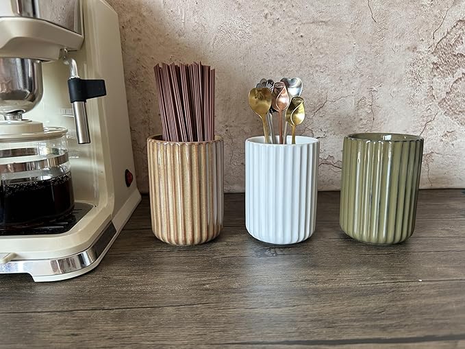 TOPYOKK Stoneware Coffee Bar Utensil Holder Tea & Coffee Spoon & Stirrer Holder for Stir Stick Straw Teaspoon Holder Spoon Cup Small Utensil Jar Fluted Vertical Stripe (Pure White)