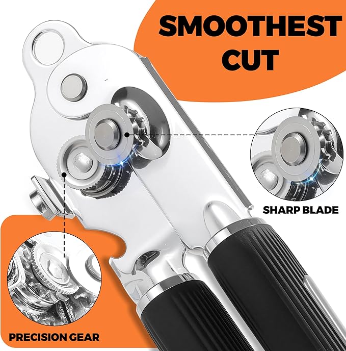 Can Opener Manual with Magnet,Soft Grip Rubber Handle Sharp Blade Smooth Edge,Effortless knob,Heavy Duty Can Opener with Multifunctional Bottle Opener