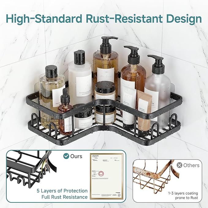 Veken Corner Shower Caddy 6-Pack, Advanced Rustproof Design, No Drilling Adhesive Shelves, Rack with Soap Holder, Large Capacity Bathroom Organizers and Storage, Wall-Mounted Kitchen&Home Decor,Black