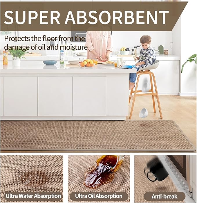 Kitchen Mat Set of 2 PCS, Cushioned Non Slip Rugs for Kitchen Floor, Absorbent Runner Comfort Standing Mats Washable for Kitchen,Floor，Office, Home （Brown 17x30+17x59）