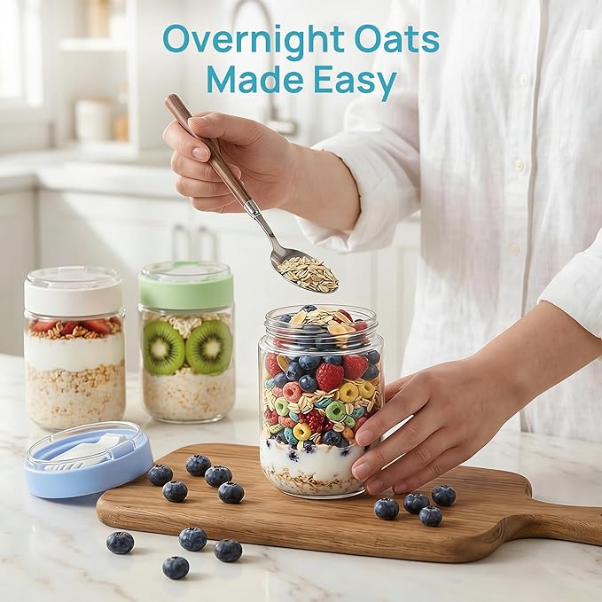 Vtopmart 6 Pack 16 oz Overnight Oats Containers with Lids and Folding Spoons Stored in Lid, Airtight Leakproof, Glass Jars for Overnight Oats, Yogurt, Fruit, Chia Pudding, Meal Prep