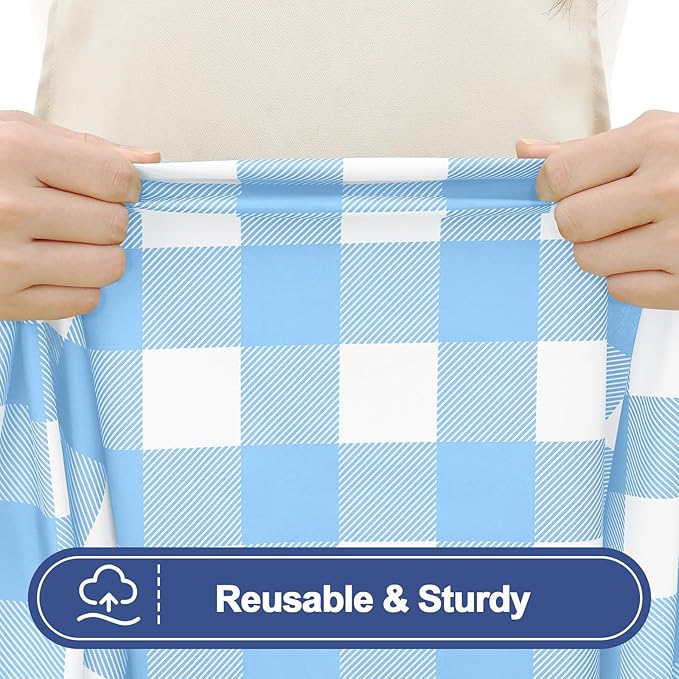 Smiry Picnic Table Cloth 2 Pack, Waterproof Elastic Fitted Tablecloths for 8FT Rectangle Tables, Washable Polyester Buffalo Plaid Tablecloth for Camping & Outdoor (Light Blue & White, 30" x 96")