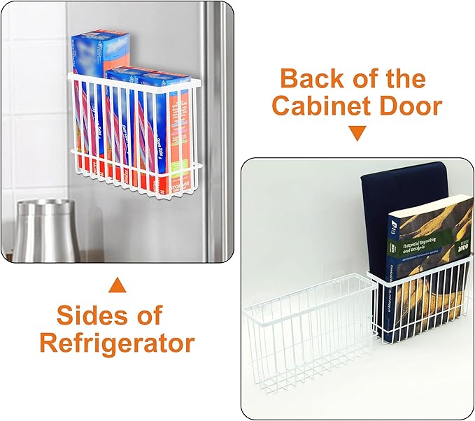 2 Pack Cabinet Door Organizer, Foil and Plastic Wrap Organizer, Wall Mounted Kitchen Organizers and Storage Wire Basket, Pantry Door Storage Kitchen Wrap, White