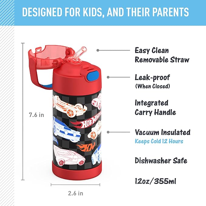 THERMOS FUNTAINER Water Bottle with Straw - 12 Ounce - Kids Stainless Steel Vacuum Insulated Water Bottle with Lid, Hot Wheels