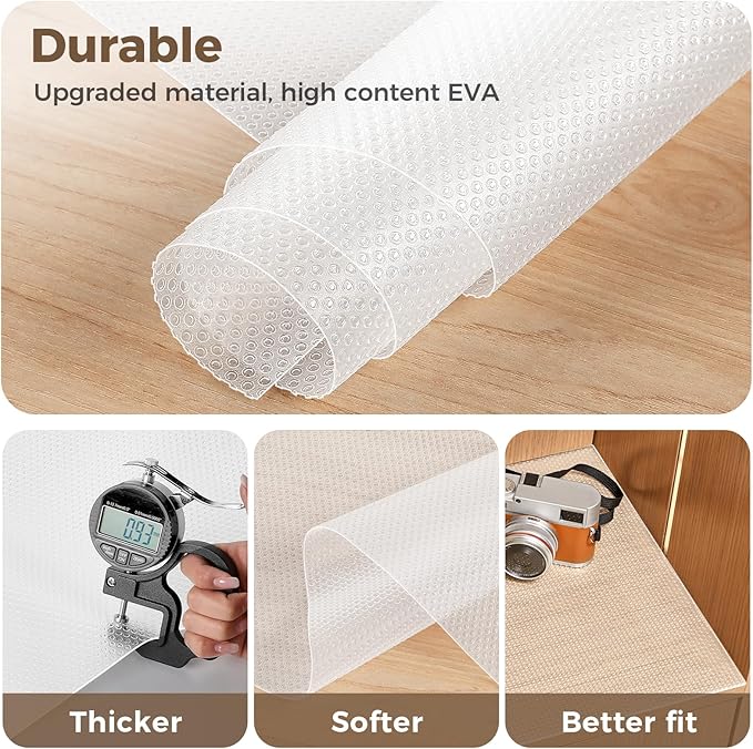 100% EVA Shelf Liner for Kitchen Cabinet, 24" x 360" Drawer Liners Non Adhesive Non Slip Waterproof Plastic Paper, Dresser Pantry Bathroom Refrigerator Protector, Clear