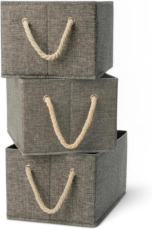 Amazon Basics Foldable Storage Bins with Rope Handles, Closet Organizers, Storage Baskets for Organizing, Large, Charcoal, 3-Pack