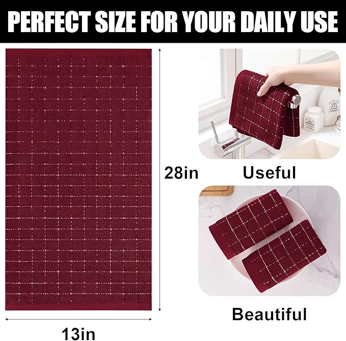 Homaxy 100% Cotton Terry Kitchen Towels(Burgundy Red, 13 x 28 inches), Checkered Designed, Soft and Super Absorbent Dish Towels, 4 Pack