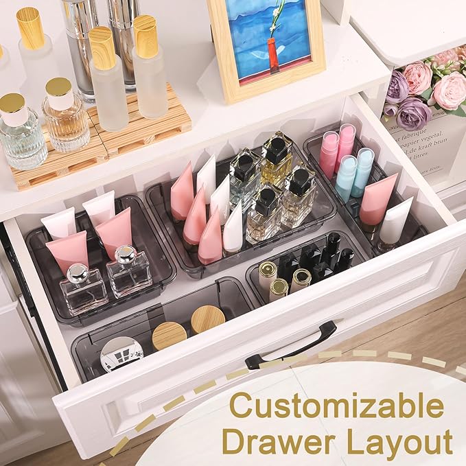 15 Pcs Extendable Clear Drawer Organizer, All Adjustable Vanity Storage Box, 2-Size Desk Drawer Organizer, Acrylic Storage Bins for Makeup, Bedroom Dressers Tool Organizer for Gadgets, Black