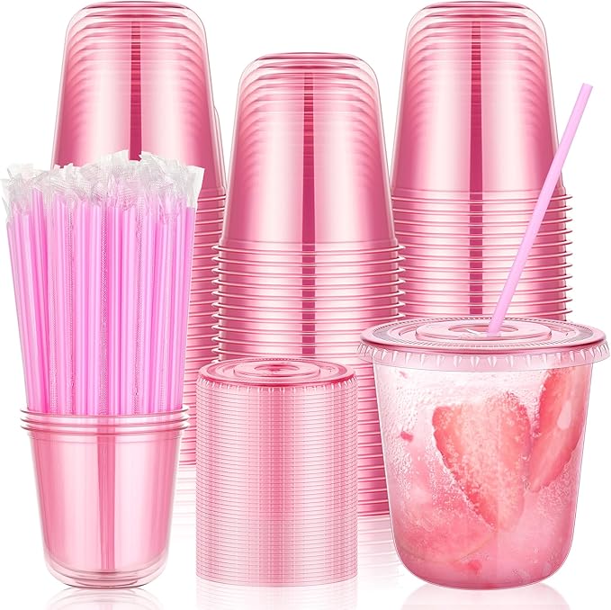 tchrules 100 Set 12oz Pink Plastic Cups with Lids & Straws, Disposable Iced Coffee Cup with Lid, Round Bottom Plastic To Go Cups for Cold Drinks Slushie Smoothie Valentine Galentine Party Supplies
