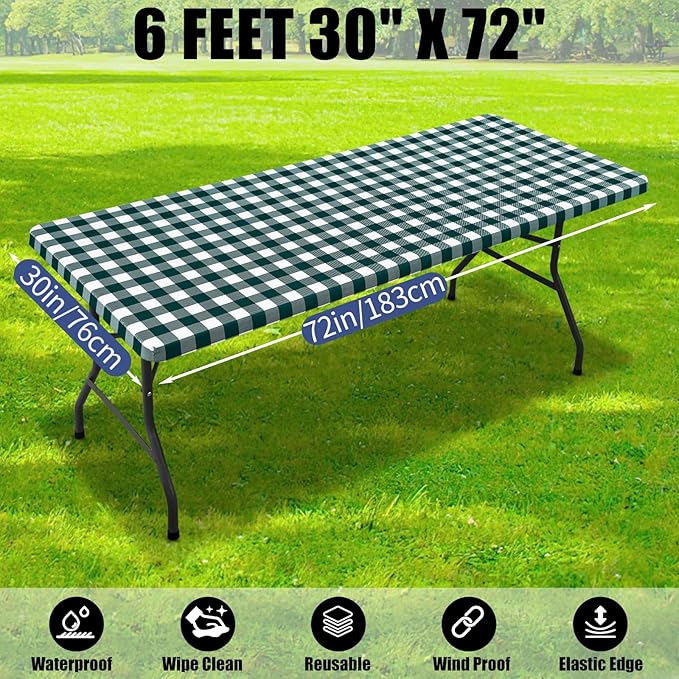Smiry Picnic Table Cloth 2 Pack, Waterproof Elastic Fitted Tablecloths for 6FT Rectangle Tables, Washable Polyester Buffalo Plaid Tablecloth for Camping & Outdoor (Emerald Green & White, 30" x 72")