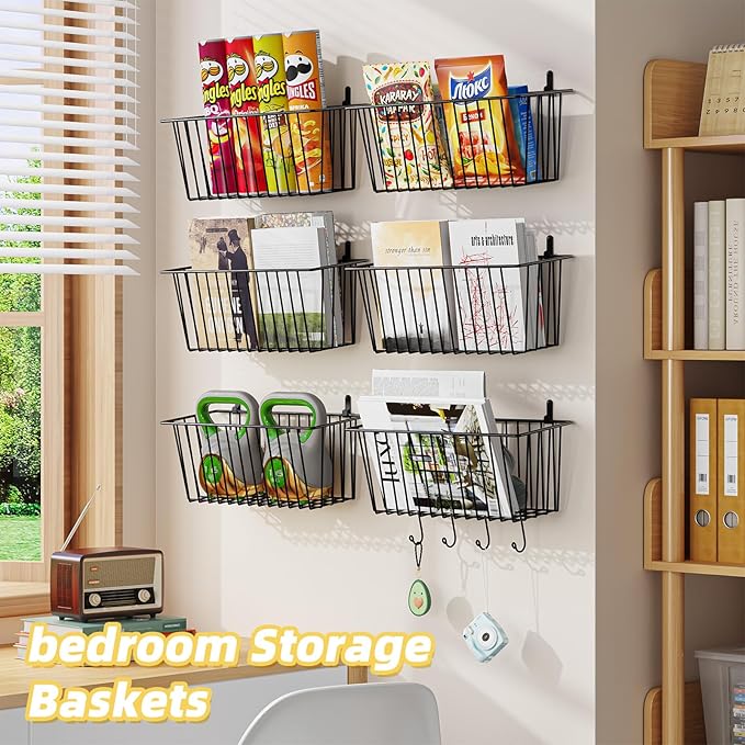 Simple Trending 6 Pack Wire Basket Wall Mount Baskets Hanging Baskets, Cabinets Organizer and Storage with Hooks for Kitchen, Garage and Bathroom