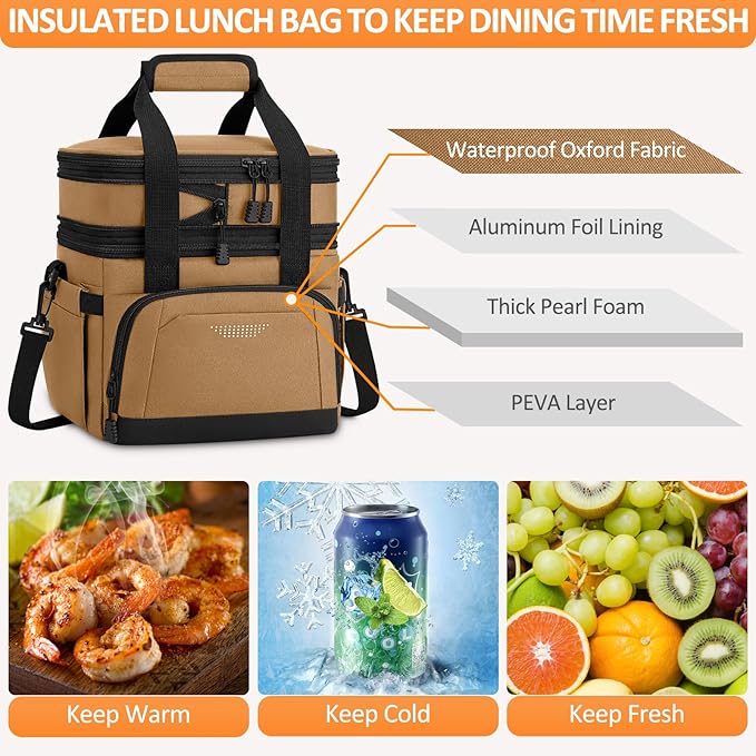 Vankor Lunch Box for Men Women, Large Double Layer Insulated Lunch Bag Tote Expandable Leakproof Waterproof Cooler Bag with Adjustable Shoulder Strap for Work Office Picnic Travel, Khaki