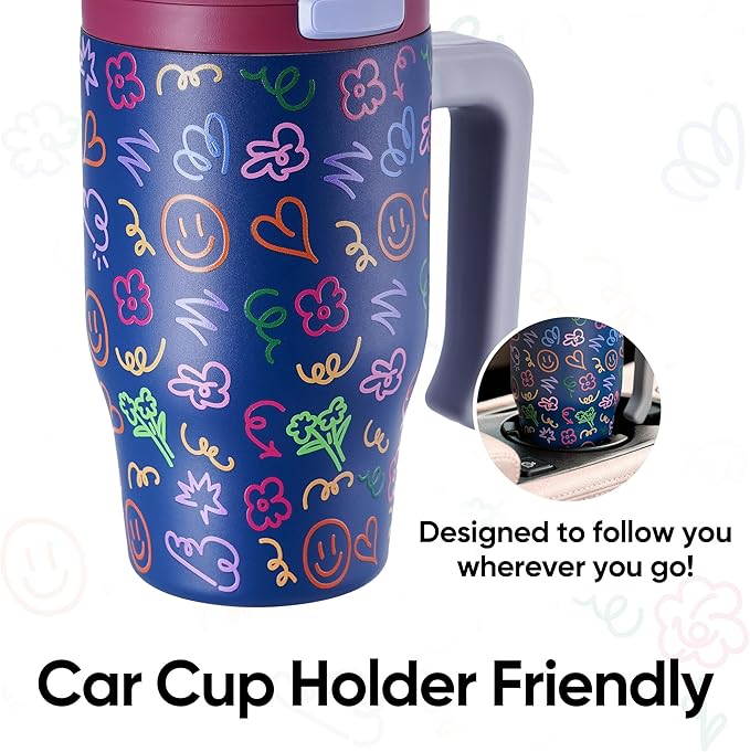 Fijinhom 18 oz Toddler Tumbler with Handle, Stainless Steel Insulated Water Bottle Coffee Mug with Straw, Toddler Cups, Kids Water Bottle for School, Sports, Travel, Doodle Joy