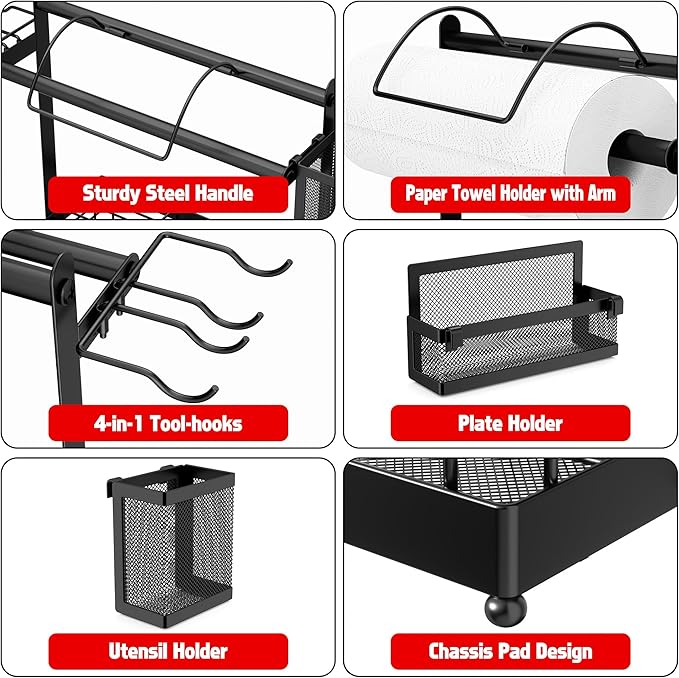 Grill Caddy for Outdoor Grill, BBQ Caddy with Camping Paper Towel Holder and Plate Holder, Picnic Utensil Condiment Kitchen Organizer for Camper, RV Patio Tailgate Essentials, Grilling Gifts for Men