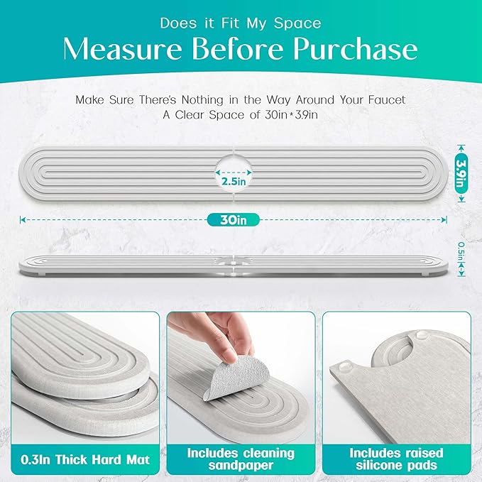 Stone Faucet Mat for Kitchen Sink – Diatomite Fast-Drying Stone Tray, Faucet Mat Sink Splash Guard, Decorative Sink Protector for Kitchen Bathroom Counter (Light Grey, 30''x3.9'')