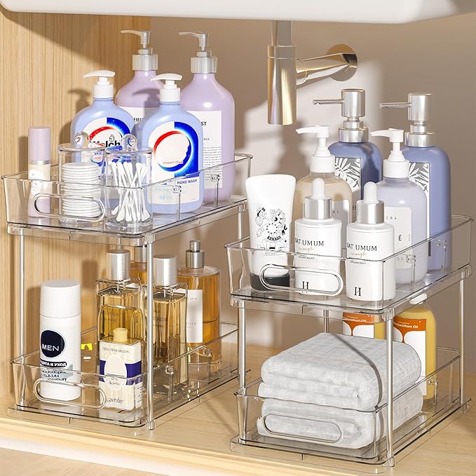 Delamu Under the Sink Organizer, 2-Tier Snap-Lock Cabinet Drawers with Removable Adjustable Shelf, Under Sink Cabinet Organizer for Bathroom, Kitchen, Vanity & Every Household