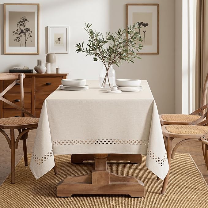 MIULEE Beige Rectangle Linen Polyester Tablecloth with Decorative Cutouts Spring Waterproof Stain Resistant & Shrink-Proof Table Cloth 60x144 inch Farmhouse Style for Dining Wedding and Outdoor
