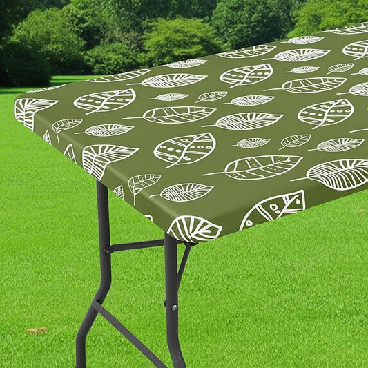 Smiry Spandex Fitted Tablecloth for 5 Foot Rectangle Tables, Washable Picnic Table Cover with Elastic, Stretch Reusable Table Cloth for Outdoor, Camping, Dining & Kitchen (Line Leaf, 30"x60")