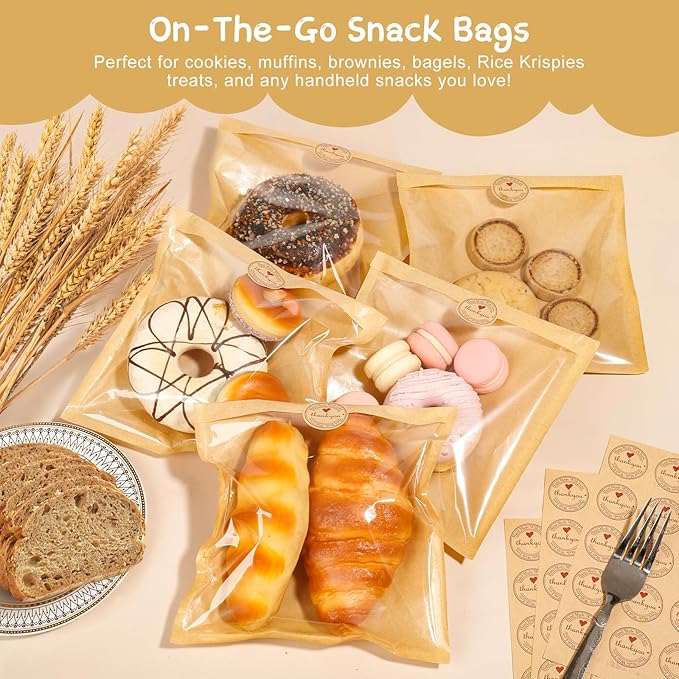 SUREHOME Paper Sandwich Bags 100 Pcs 7.1 X 7.5 In Kraft Brown Paper Bags with Window Individual Heat Seal Bakery Bag with Sticker Cookie Bag for Party Favors Snacks Treats Bread Baked Goods Packaging
