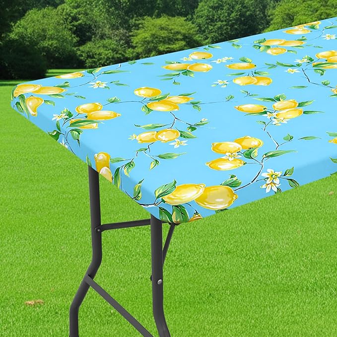 Smiry Spandex Fitted Tablecloth for 8 Foot Rectangle Tables, Washable Picnic Table Cover with Elastic, Stretch Reusable Table Cloth for Outdoor, Camping, Dining & Kitchen (Lemon, 30"x96")