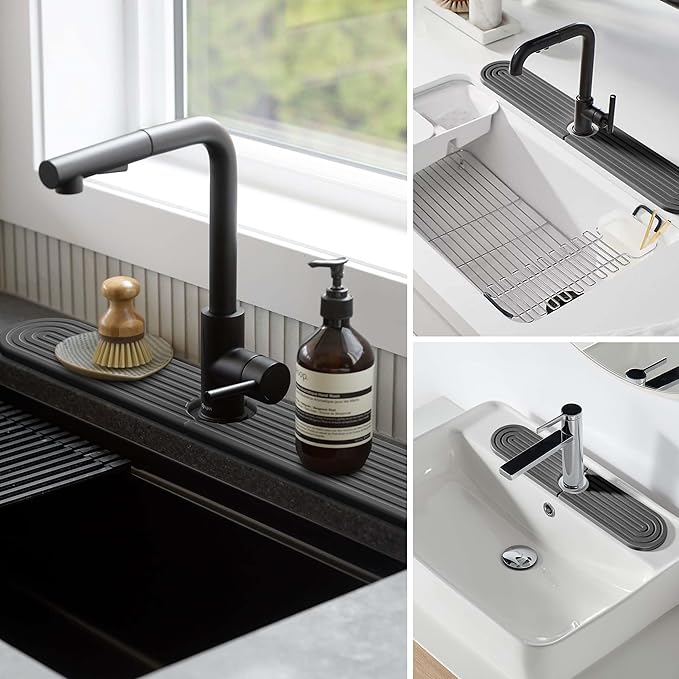 Stone Faucet Mat for Kitchen Sink – Diatomite Fast-Drying Stone Tray, Faucet Mat Sink Splash Guard, Decorative Sink Protector for Kitchen Bathroom Counter (Dark Grey, 20''x3.9'')
