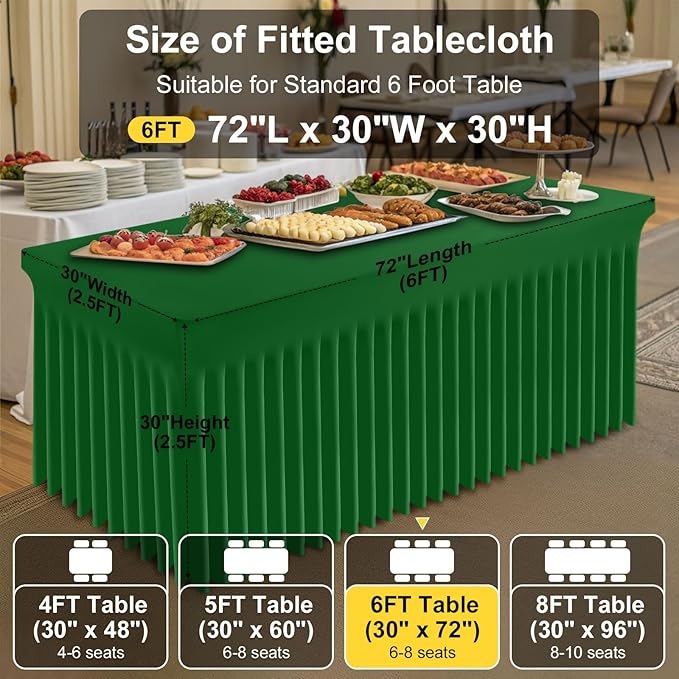 Smiry Spandex Tablecloth 2 Pack, Elastic Fitted Stretch Tablecloth for 6FT Rectangle Tables, Waterproof Washable Table Cover Skirt for Wedding, Banquet & Parties (Emerald Green, 72Lx30Wx30H Inch)