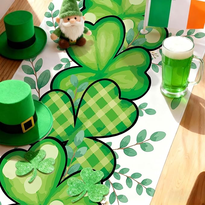 OHOME St Patricks Day Decorations - Shamrock Table Runner | St Patricks Day Party Favors Supplies Decor Indoor Outdoor - Spring Holiday Banner Backdrop Decorations for Table Home Kitchen