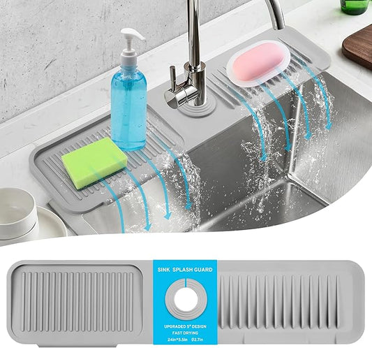 24"Longer Silicone Faucet Mat for Kitchen Sink,5° Slope Faucets Draining Mat Bathroom Sink Splash Guard Mat Kitchen Sink Splash Guard Accessories(Grey 24.0" x 5.5"）