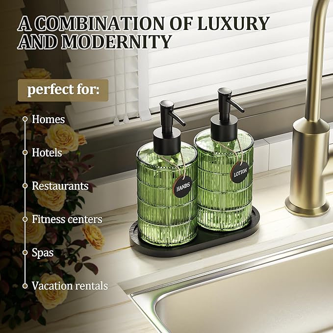 Green Glass Soap and Lotion Dispenser Set with Tray by Brighter Barns - Liquid Hand Soap Dispenser and Pump - Bamboo Bathroom Accessories & Modern Bathroom Decor (Green)
