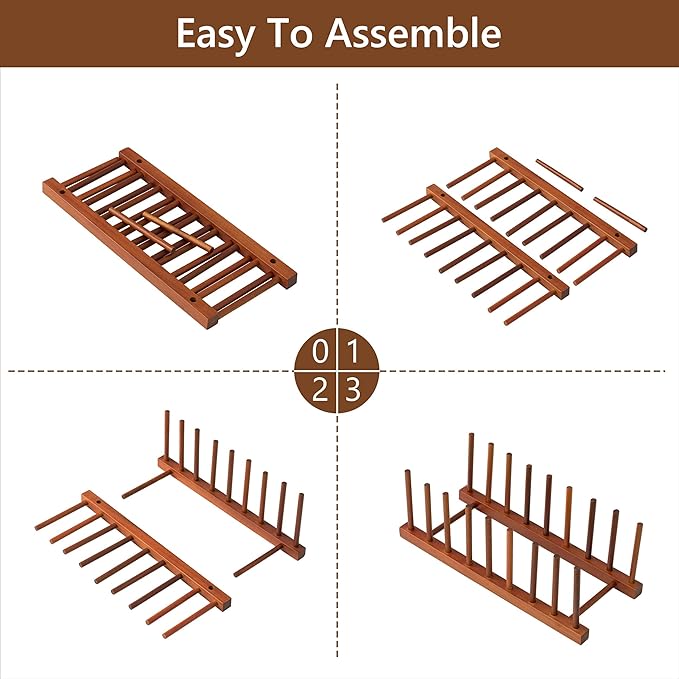 HBlife 4pcs Teak Dish Drying Rack Plates Holder Stand Kitchen Storage Cabinet Organizer for Dish/Plate/Bowl/Cup/Pot Lid/Cutting Board (8 Slots)