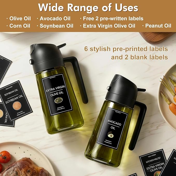 Poshetion 2 in 1 Olive Oil Sprayer for Cooking, 16oz Light-Proof Oil Dispenser for Kitchen, Leak-Proof Oil Spray Bottle for Air Fryer, Salad, BBQ, Baking, Grilling - Black & Black