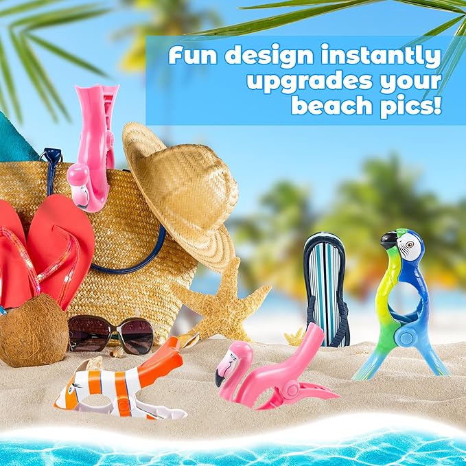 8 Pack Clips for Beach Chairs-Durable and Big Towel Clips, Peg Clips with Colorful Parrot and Pink Flamingo Shape, Creative Beach Towel Clip for Family Use, Portable During Travel.