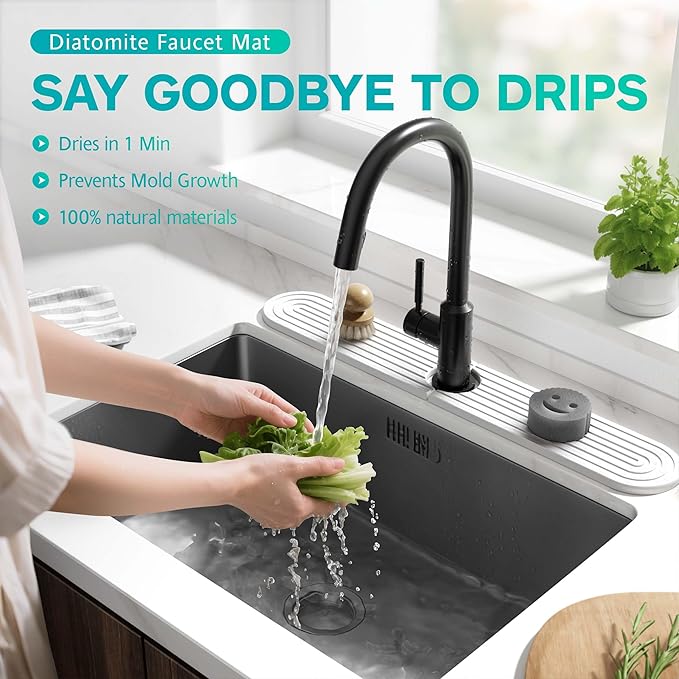 Stone Faucet Mat for Kitchen Sink – Diatomite Fast-Drying Stone Tray, Faucet Mat Sink Splash Guard, Decorative Sink Protector for Kitchen Bathroom Counter (Light Grey, 23.6''x3.9'')