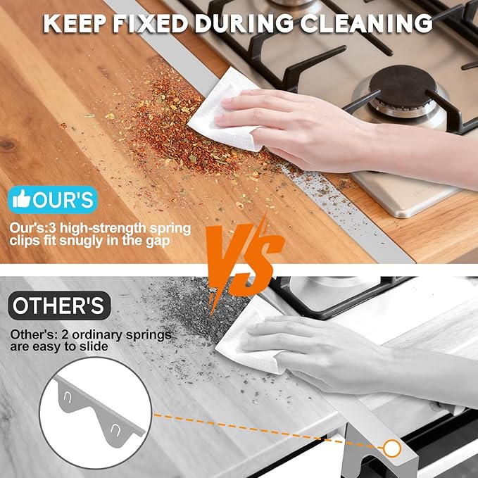 Stove Gap Covers - 304 Stainless Steel Oven Side Gap Filler, 2 Pack Stove Gap Filler - Length 23.4" Width 0.79", Spring Clip Design Fitting Gap Strong Guard Between Stove Top & Counter - Silver