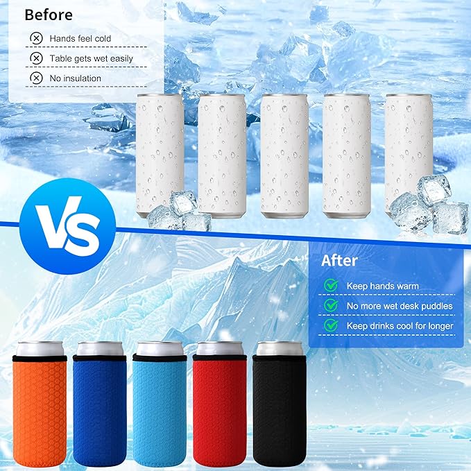 5 Pcs Insulated Slim Can Sleeve, Reusable Skinny Tall Can Cooler Sleeves, Non-slip Neoprene Beer Bottle Cover Holder for 12oz Slim Can Soda and Beer (Colorful1)