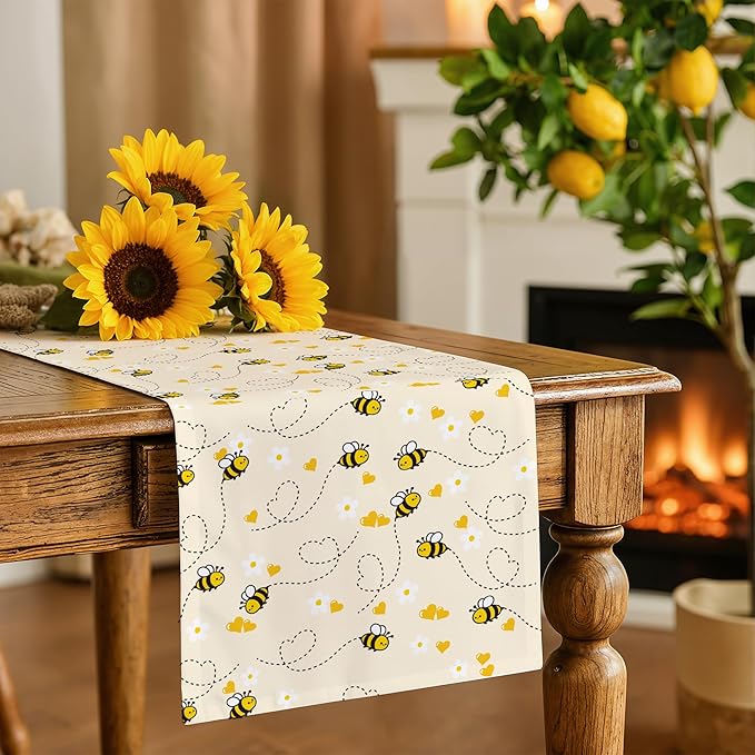 OHOME Summer Decorations for Home - Bee Table Runner | Spring Party Favors Supplies Decorations Indoor Outdoor - Summer Banner Backdrop - Birthday Holiday Table Runner for Home Kitchen
