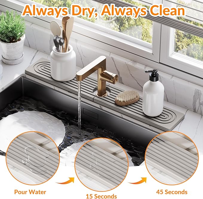 23.6 Inch Stone Faucet Mat for Kitchen Sink Splash Guard, Diatomite Sink Protectors for Kitchen Sinks Behind Faucet, Quick Dry Water Absorbing Stone Tray , Drip Catcher (Gray, 23.6" x 3.9")
