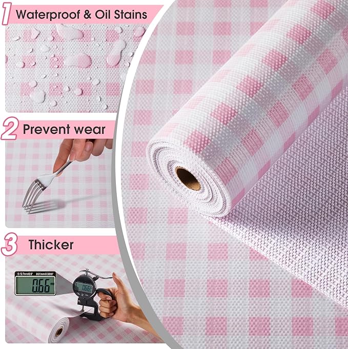 Drawer and Shelf Liner, Non-Slip Kitchen Cabinet Liners Non-Adhesive Thick Strong Grip Waterproof Washable Mats Protect Dresser Shelves Cupboard Bathroom Cabinets, Pink Plaid, 12 in X 20 FT