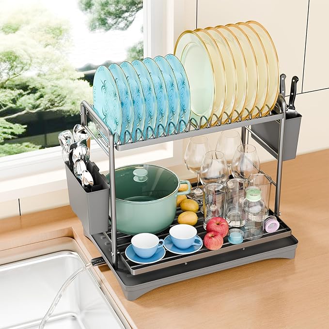 Simple Trending Dish Drying Rack, 2-Tier Dish Rack for Kitchen Counter, Large Dish Drainers Sink Organizers and Storage, Silver