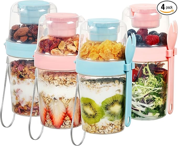 Vtopmart 4 Pack 27oz Yogurt Parfait Cups with Lids and Spoons, Overnight Oats Containers, Reusable Topping Compartment for Breakfast with Yogurt, Cereal or Oatmeal On-the-Go