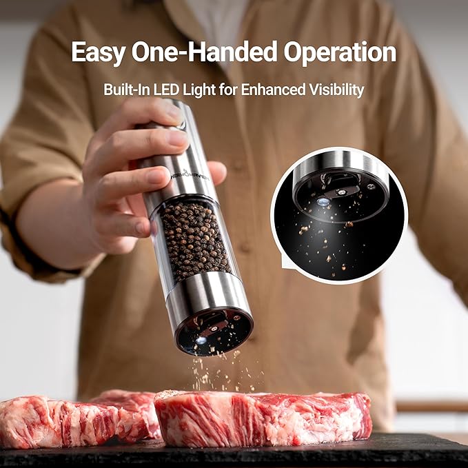 ThermoMaven Electric Salt and Pepper Grinder Set, 110ml Larger Rechargeable Automatic Salt and Pepper Mill Grinder with 6 Adjustable Coarseness, Electric Salt and Pepper Shakers, LED, Snow White