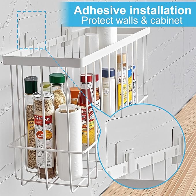 2 Pack Cabinet Organizer Storage, Over Cabinet Door Organizer with 2 Adhesive, 2 Sponges, 4 Hooks, No Drilling Space Saver Lid Organizers Inside Cabinet for Kitchen Office Bedroom (Small, Medium)