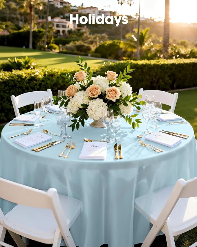 Pureegg Plastic Table Cloth Disposable 10 Pack, 84'' Round Table Cloths, Easter Party, Picnic, Wedding, Decorative Tablecloths, Round, Baby Blue Plastic Cover, Leakproof & Sturdy, Light Blue