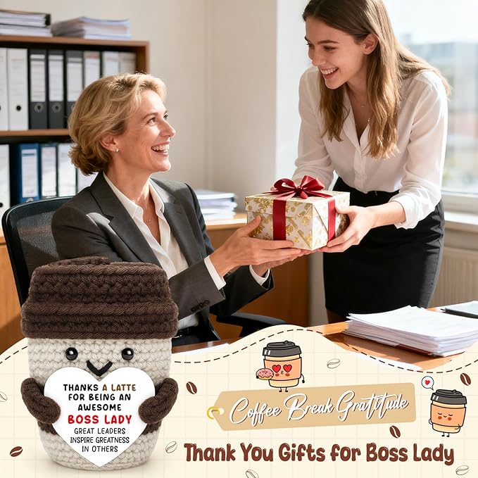 Boss Gifts for Women Boss Lady Leader Manager Supervisor Birthday Handmade Crochet Coffee Mug Cup Gifts Coffee Lover Thank You Best Great Leader Female Desk Office Decor Bosses Day Christmas