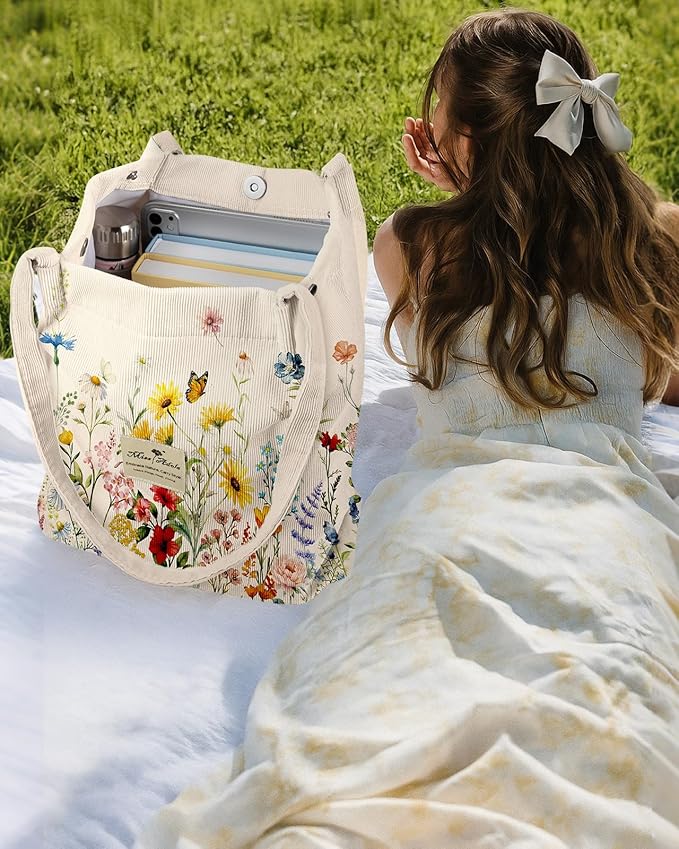 Miss Adola Corduroy Tote Bag for Women - Reusable Totes with Magnetic Buckle & Pocket Aesthetic Design Work Grocery Bags