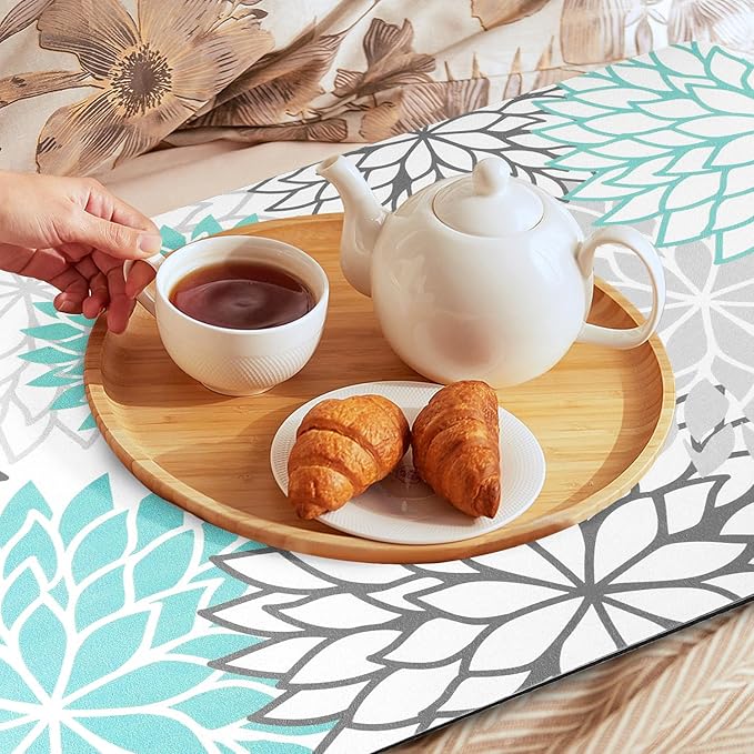 Findosom 2PCS 17" x 32" Dish Drying Mat & 24" x 5.5" Sink Splash Guard, Super Absorbent & Cuttable Dish Mat Drying Kitchen Mat with Teal Floral, Hide Stain Drying Mat for Kitchen Counter