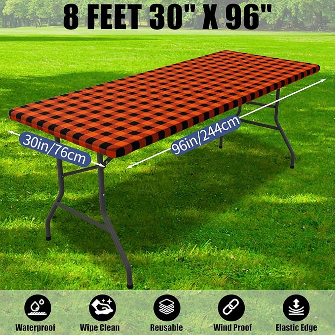 Smiry Picnic Table Cloth 2 Pack, Waterproof Elastic Fitted Tablecloths for 8FT Rectangle Tables, Washable Polyester Buffalo Plaid Tablecloth for Camping, Dining & Outdoor (Black & Orange, 30" x 96")